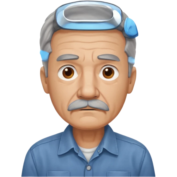 Old man with gray hair and mustache and working shirt. sad expression emoji