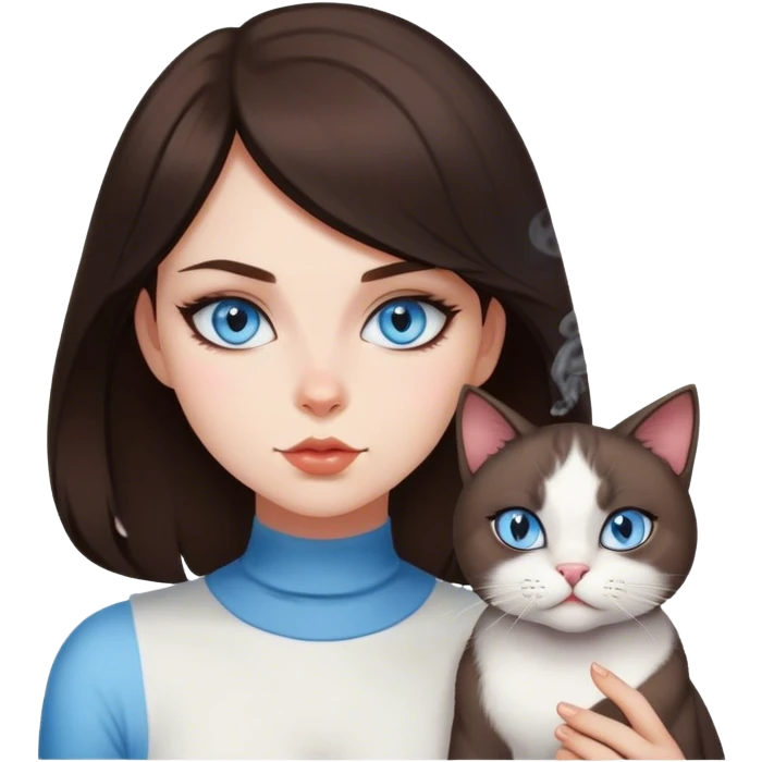 brunette blue eyed girl with smoking cat emoji