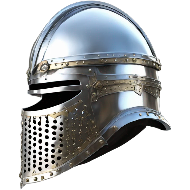 elaborate full-face closed armet medieval helmet armor intricate chrome inlays emoji