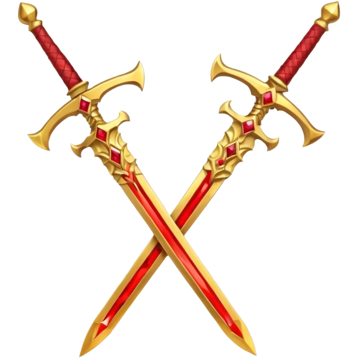 Two crossed swords that are golden in blade and handle and have fiery and royal appearence to them as well as red gem stones yellow in color emoji