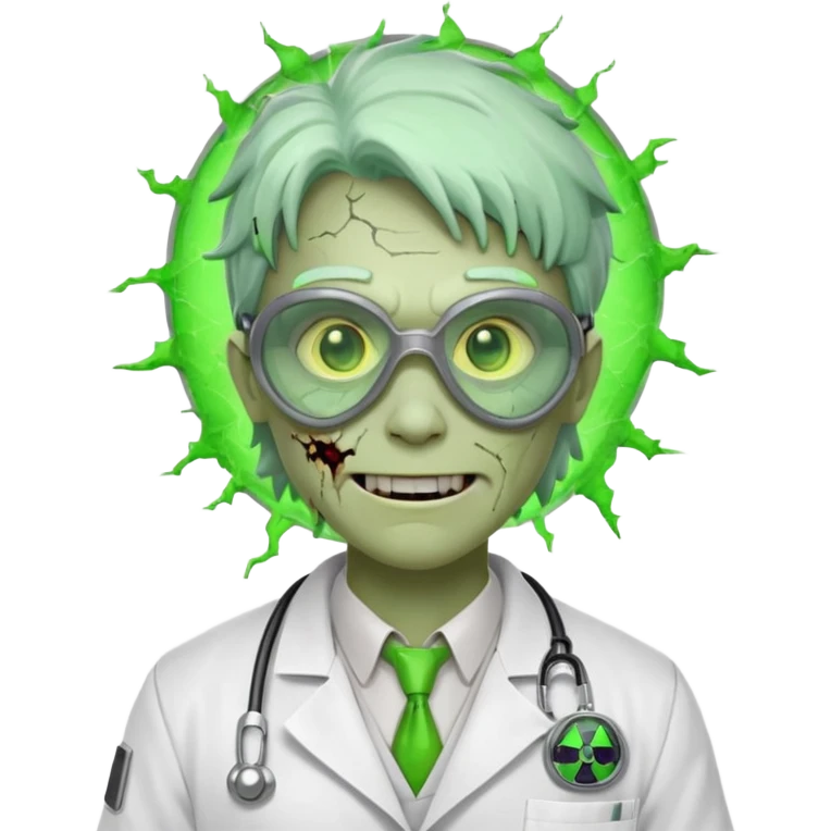 radioactive zombie scientist portrait, head and shoulders only, glowing toxic veins, cracked goggles, lab coat with radiation badge, sinister smile, 3D cartoon, mobile game icon style, clean background, no text, no watermark
 emoji