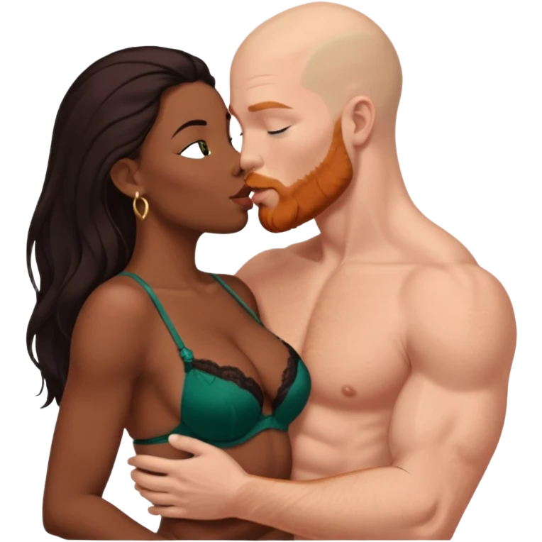 Muscular Bald white male who has a ginger beard & blue eyes, passionately kissing curvy African American dark brown woman who has long brown/black hair wearing dark green lingerie Laying in bed displaying love, making tenderness, physical romance, pair-bonding & affection, caress  emoji