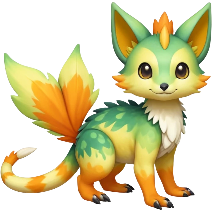 Rare realistic exotic warm-green warm-orange warm-yellows pastel gradients cute epic pretty beautiful handsome gorgeous aesthetic colorful vibrant Vernid-Trico-species-Fakemon-creature by LiLaiRa, 4 legs, 1 tail, random markings, (full body) emoji