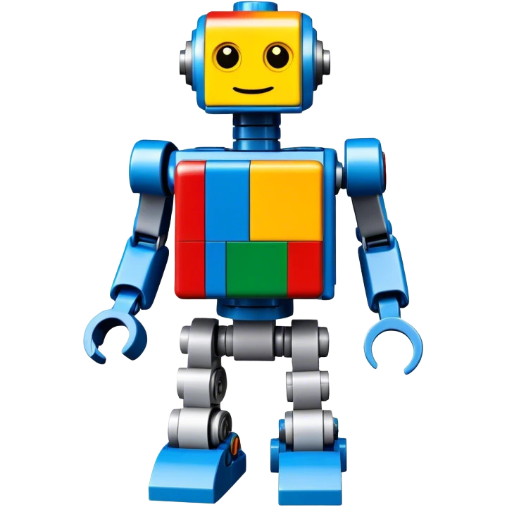 A photorealistic icon featuring a detailed robot figure built from LEGO bricks, with intricate parts and colorful pieces. The design includes the LEGO logo subtly visible, with a focus on the craftsmanship and creativity of the build. Transparent background. emoji