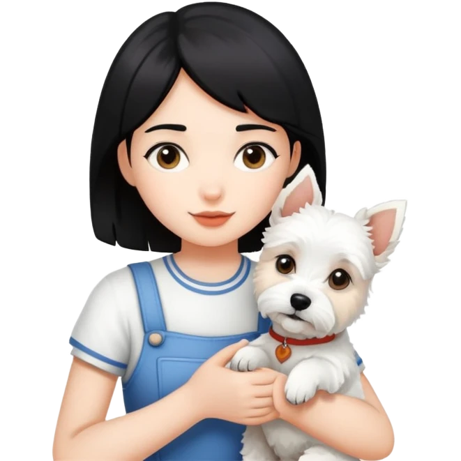A black-haired girl holding a white terrier emoji