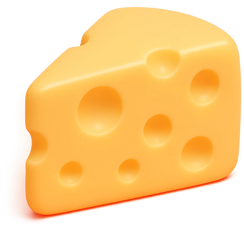 wedge of cheese in retro 90's toy style, bright orange #FF8F15, semi-transparent, soft plastic, soft and squishy texture, some cloudiness, a bit shiny, highly detailed, appealing, realistic shadow under the cheese, no background emoji