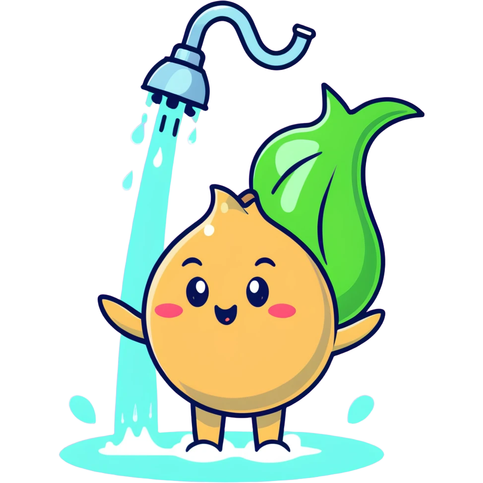 cute blushing onion character in shower, pink cheeks, shy expression, water pouring emoji
