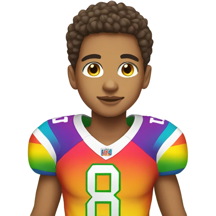 Lightskin boy with earrings wearing rainbow football jersey emoji