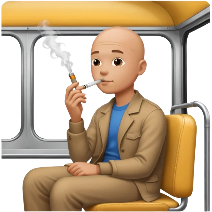 Bald head boy smoking from a glass pipe, while sitting in the back of a bus  emoji