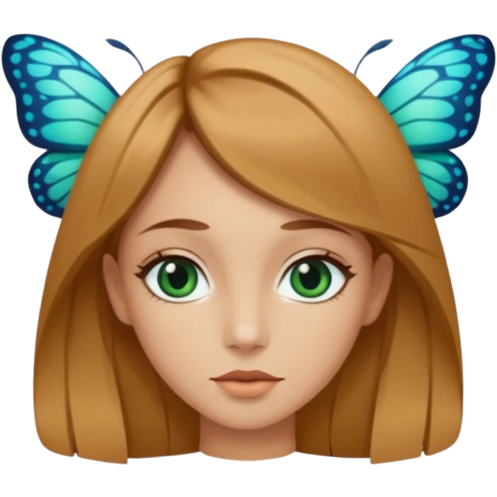 Mädchen mit dunkel-honig blonden Haaren mit einem butterfly cut und dunkel blau-grüne ocean mandel förmige schmale große enge scharfe Augen  emoji