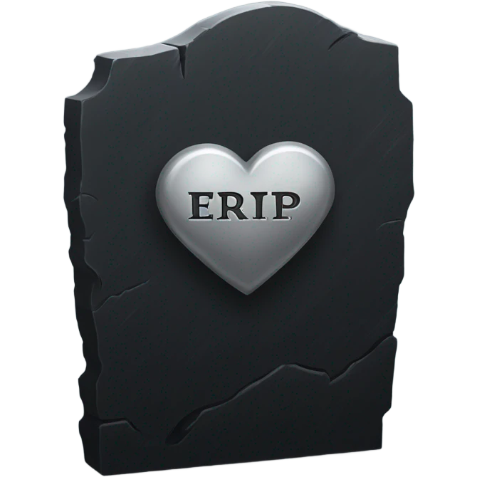 a black tombstone with the inscriptions in silver RIP and a silver heart in the center emoji