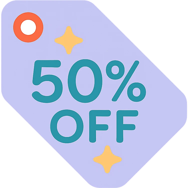 label with hand lettering 50% off with stars  emoji
