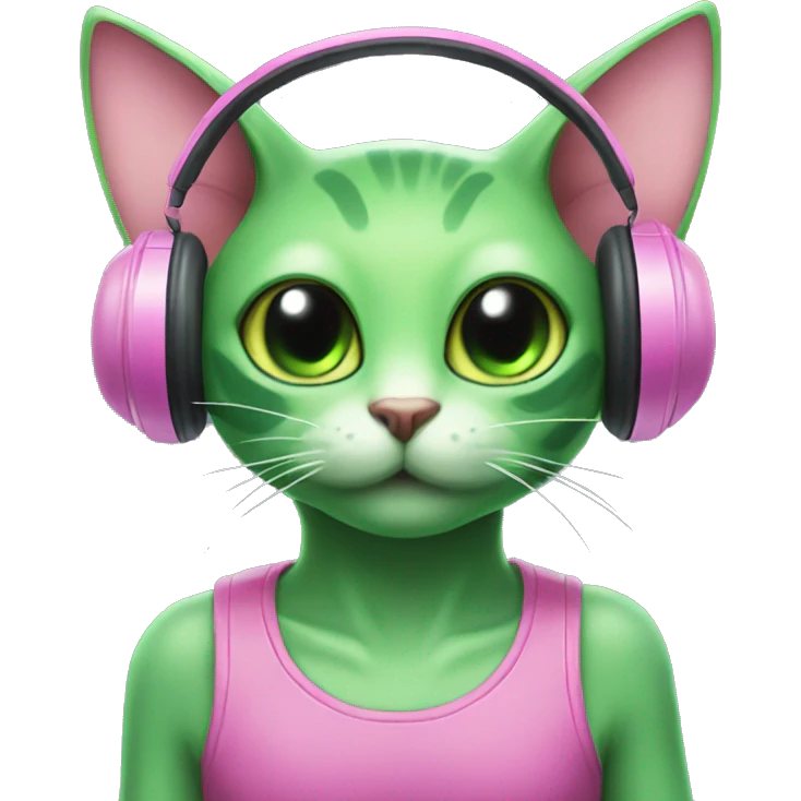 green alien cat in pink headset with cat ears emoji