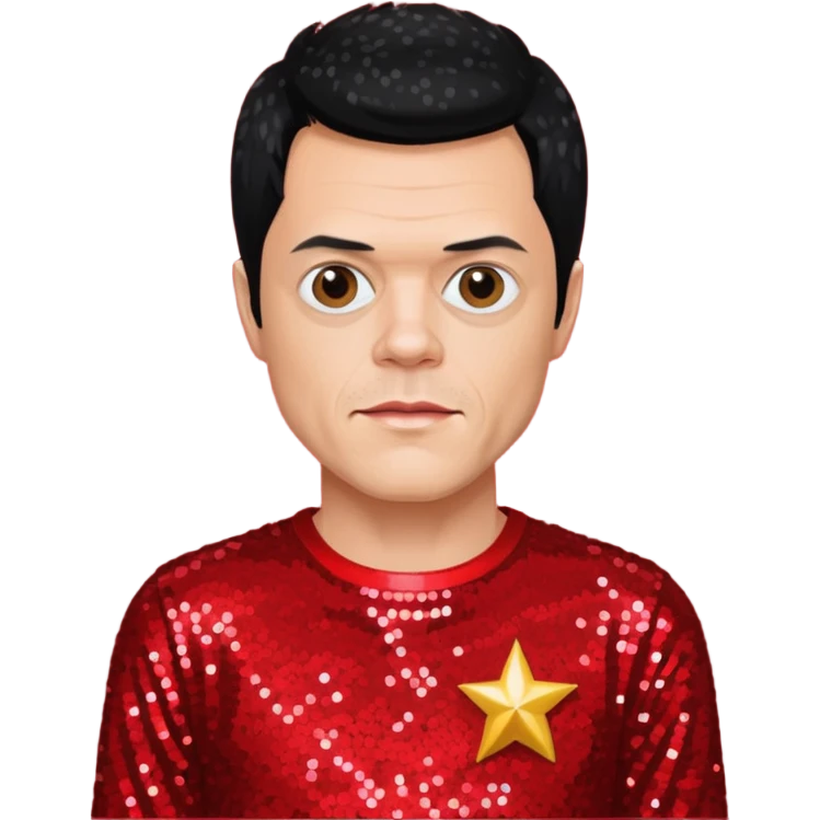 Johnny Knoxville from Jackass with black hair, red sequin outfit emoji