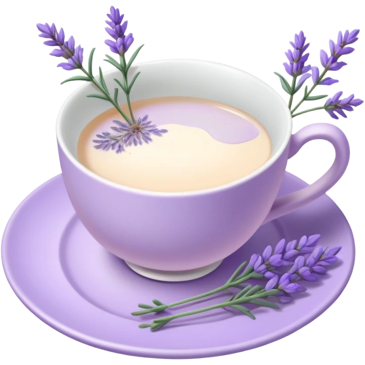 White teacup on a pastel purple plate, lavender flowers on the side, pastelcore aesthetic, cottagecore emoji