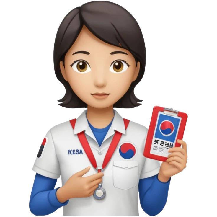 A young Asian guide holding her tour license in both hands, wearing a white shirt with the South Korea badge on her chest. emoji