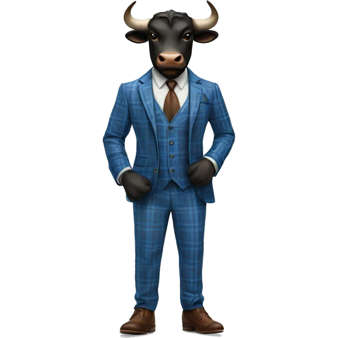 Black Bull with horns standing up wearing blue plaid 3 piece suit with brown leather shoes emoji