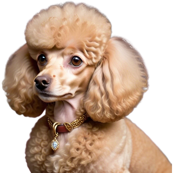 Cinematic Noble Apricot Poodle Portrait Emoji, Poised and regal, with a refined, elegant build and a meticulously groomed, curly apricot Fur, deep-set soulful warm eyes, Simplified yet sharp and sophisticated features, highly detailed, glowing with a soft, dignified glow, high shine, intelligent and graceful, stylized with an air of sophistication, focused and attentive, soft glowing outline, capturing the essence of a watchful and confident companion, so majestic it feels as though it could prance out of the screen with effortless authority! emoji