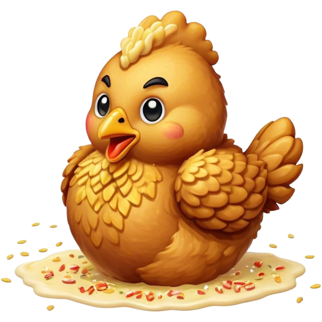 Cinematic crispy fried chicken, golden and crunchy, juicy inside, steaming as it is freshly served, sprinkled with seasoning, rich golden tones, inviting and delicious. emoji