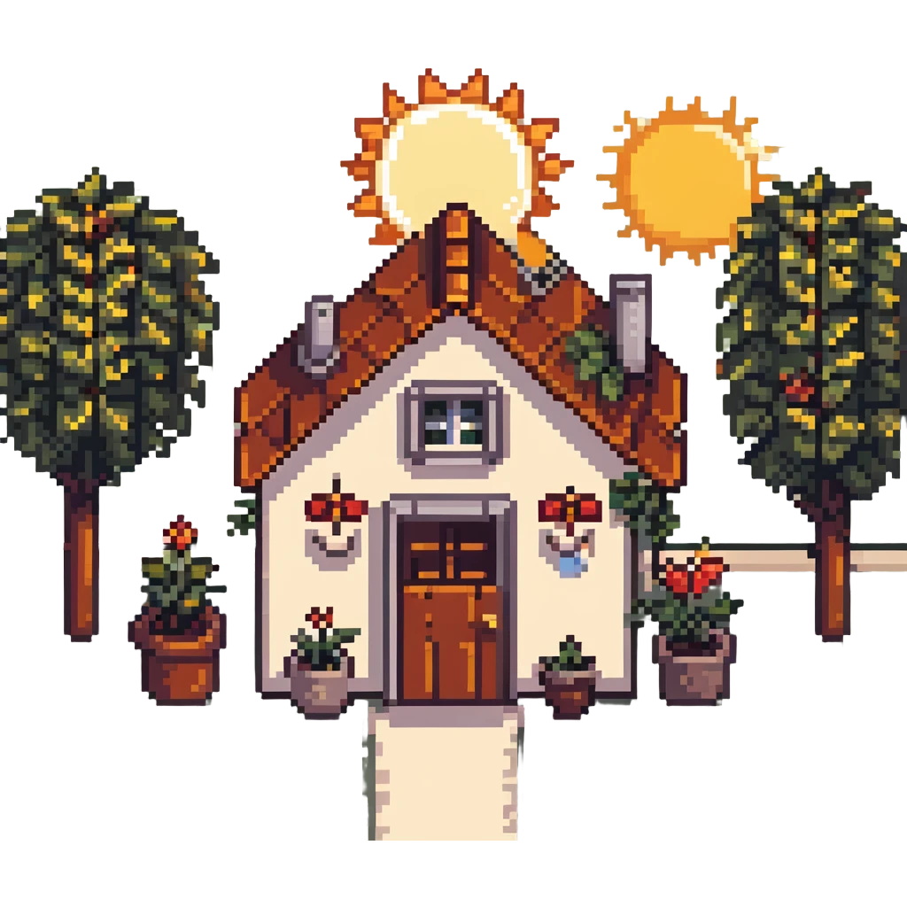 dream life as a pixel art scene with a small home, garden, and sun emoji