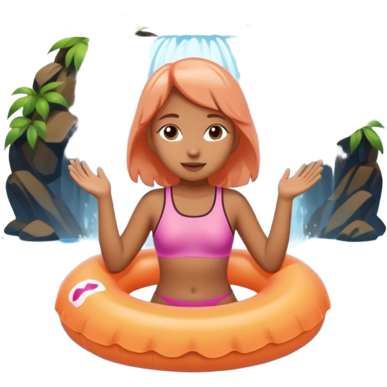 Girl in a peach colored floatie swimming underneath a waterfall emoji