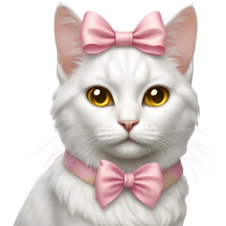 Realistic white cat with yellow eyes wearing pink rococo bow emoji