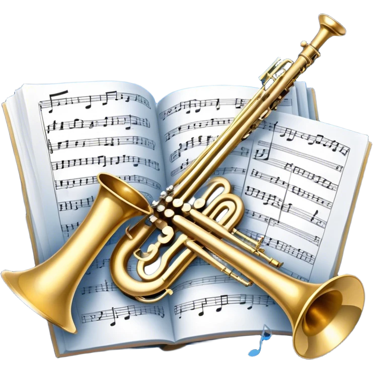 Create an artistic emoji that represents music arrangement and orchestration. The design should feature various orchestral instruments (drums, violin, trumpet, electric guitar, synthesizer) and conductor's baton, musical scores. Incorporate flowing lines to represent harmony and orchestral balance, along with a subtle representation of sheet music. Use rich, classical colors like gold, silver, or deep blue, and create an atmosphere of sophistication and precision. The background should be transparent. emoji