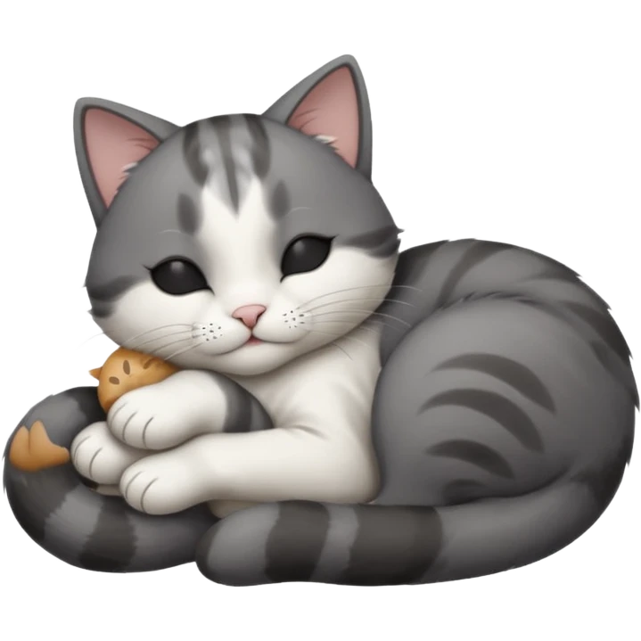 dark grey and white small cat with its eyes closed lying down leaning on its elbow with its paw curled under its head holding it up emoji