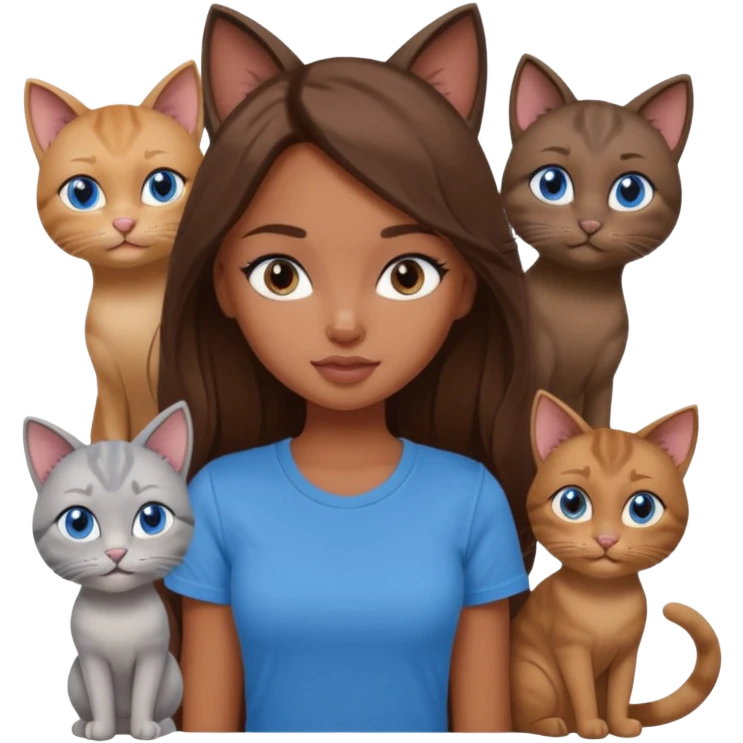 a pretty bratz dusky girl with long brown hair, blue eyes with six cats nd wearing a grey tshirt emoji