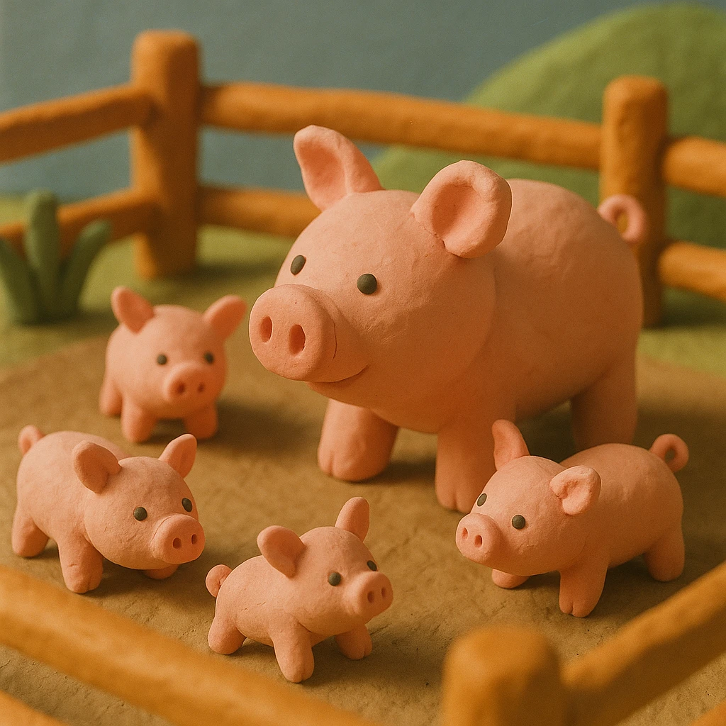 claymation style pig in a pig pen with several piglets, playful, pastel colors, visible fingerprints, textured look emoji