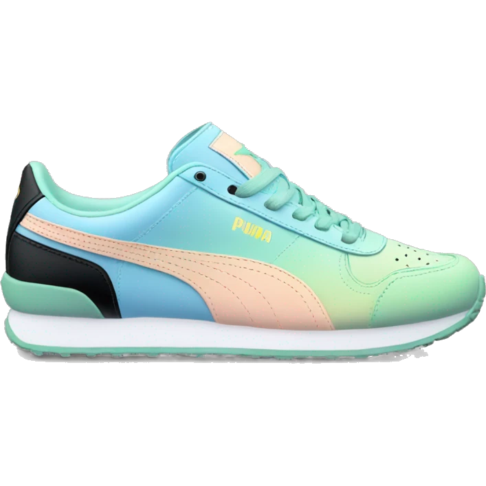 Realistic Isolated pair of pastel blue pastel green peach and black ombre Puma sneakers facing forward.  emoji