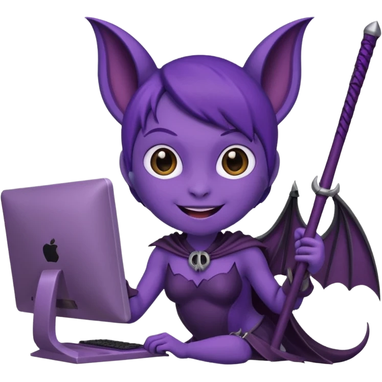 a happy purple girlie bat holding a scythe while sitting in front of her computer emoji