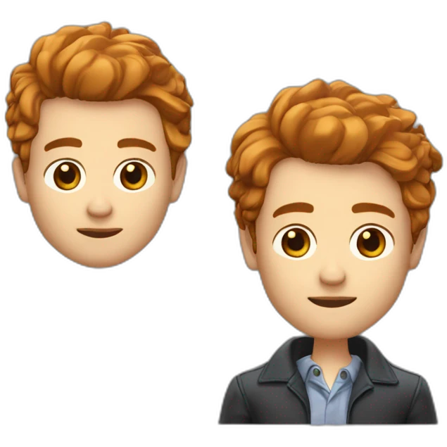Homme cheveux roux yeux bleus + homme cheveux poivre et sel, yeux marrons + chihuahua poils longs couleur sable emoji