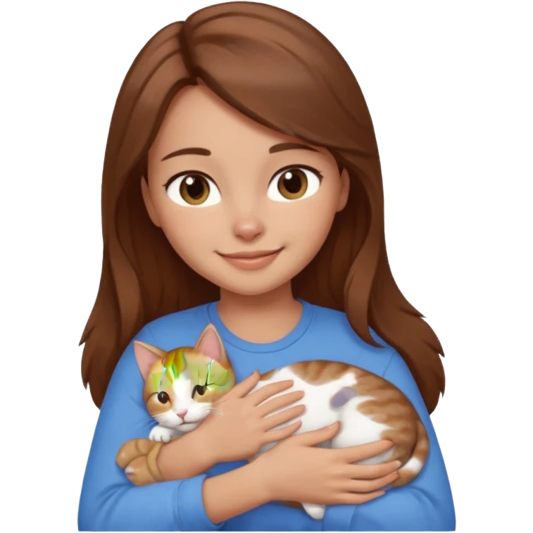 Create an emoji that has a girl wearing a blue shirt and brown hair snuggling a kitten. Smiling emoji