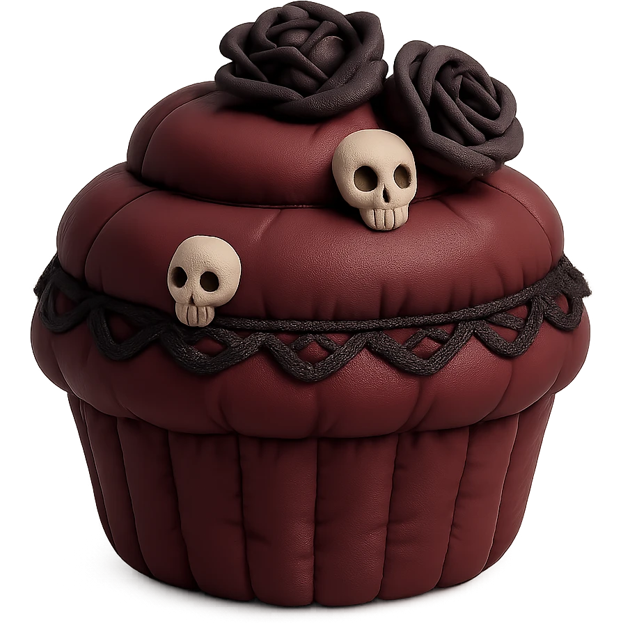 Gothic cupcake in cushion style, burgundy color, with gothic decorations such as black lace, tiny skulls, and dark roses, no background emoji