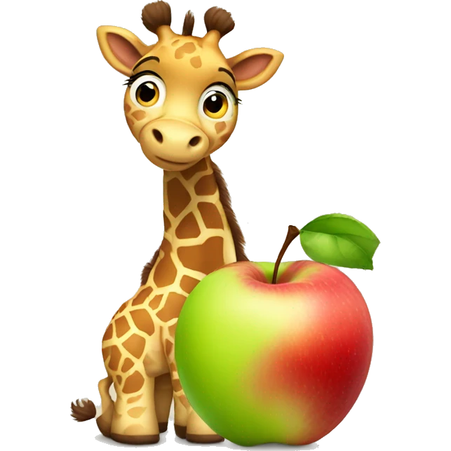 A cartoon looking baby Giraffe hugging a giant apple emoji