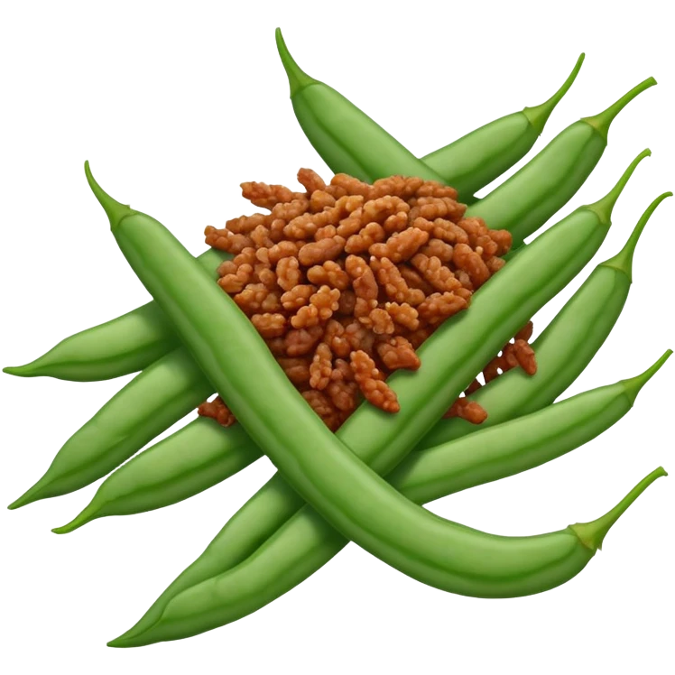 Dry Fried String Beans with minced pork and spices, simplified emoji style with bold outlines and bright colors, cartoon style Gan Bian Si Ji Dou emoji