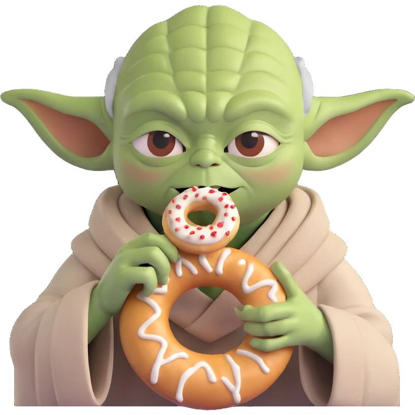 Yoda eating a simit in a humorous and cute way, simple background emoji