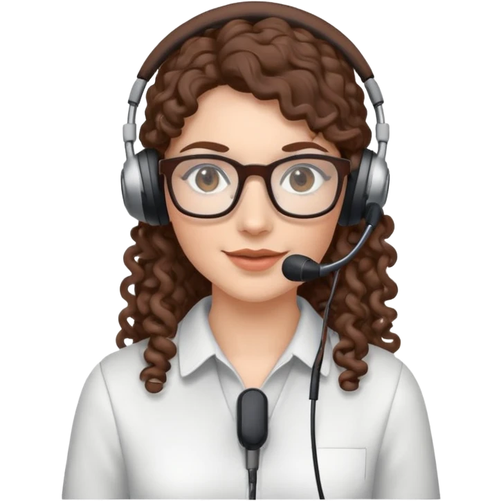White female  Long Brown curly hair  Dark brown eyes  Small Square glasses  Headset with microphone emoji