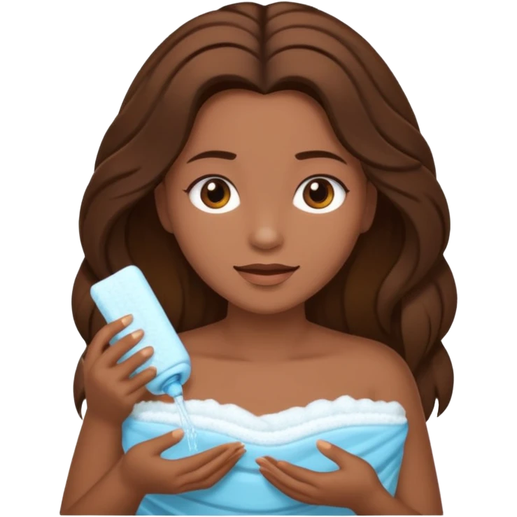 Uma mulher de toalha na cabeça pq ela acabou de sair do banho. Tem pele branca e cabelo marrom escuro.  Ela tá com um hidratante nas mãos,  pq ela vai cuidar da pele emoji