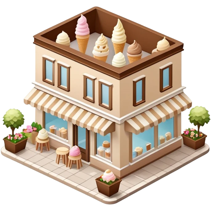 Isometric exterior little brown, beige, and white gelato ice cream shop, dollhouse style 3D realistic  emoji