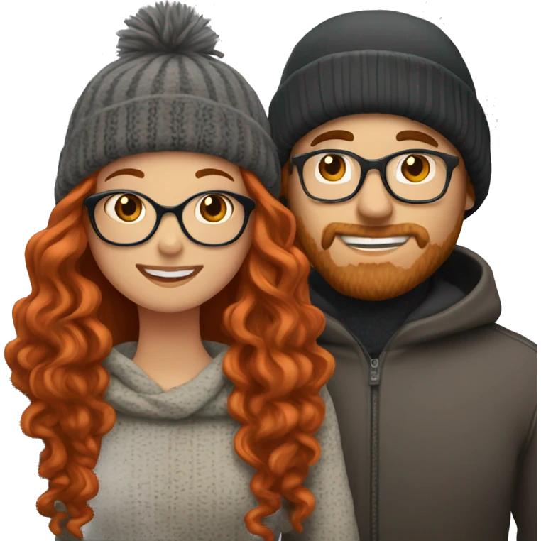 Red haired white couple kissing. Woman long hair with beanie. Man curly hair with glasses. emoji