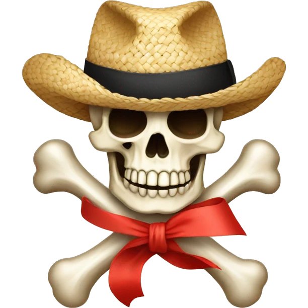 a bone-cross behind a jolly roger with a straw-hat and the ribbon of the straw hat is red emoji