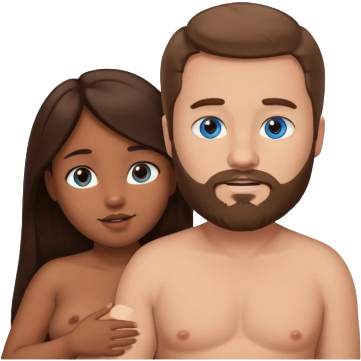 chubby white guy with brown hair and beard and blue eyes, holding a brown girl with long dark hair and dark brown eyes in arms, naked, showing tits emoji