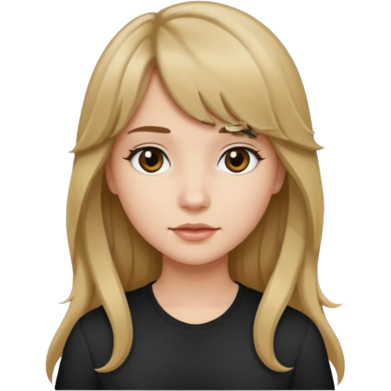 Uma garota de cabelo ondulado loiro escuro,mas com franja lisa e olhos pretos, e a cor de pele branca,e o cabelo LONGO  emoji