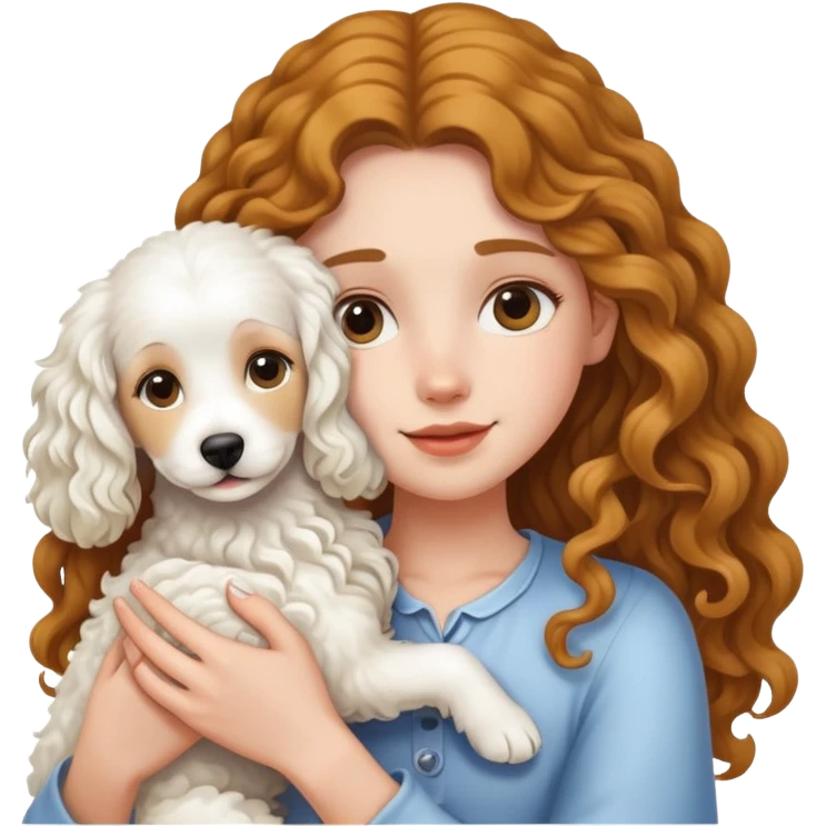Long-haired girl holding a white curly dog emoji