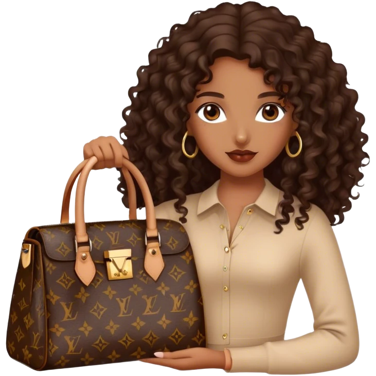 Brown girl with long dark brown long curly hair with Louis Vuitton bag emoji