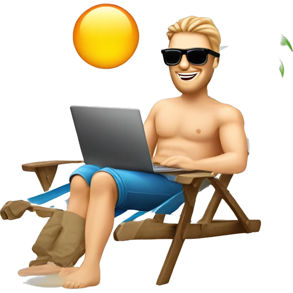 happy caucasian man in sunglasses working on laptop in beach chair, palm tree emoji