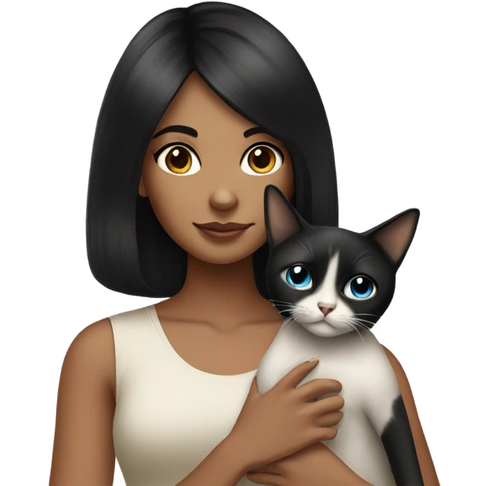 girl with black volume hair, holding siamese cat emoji