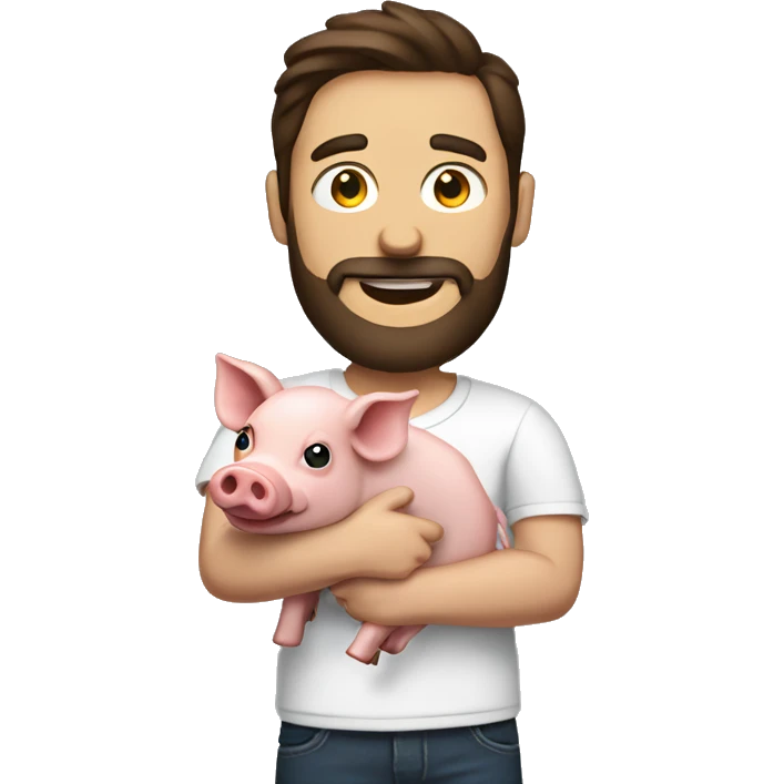 Brunette man with beard holding a pig in one hand and bacon in another hand  emoji